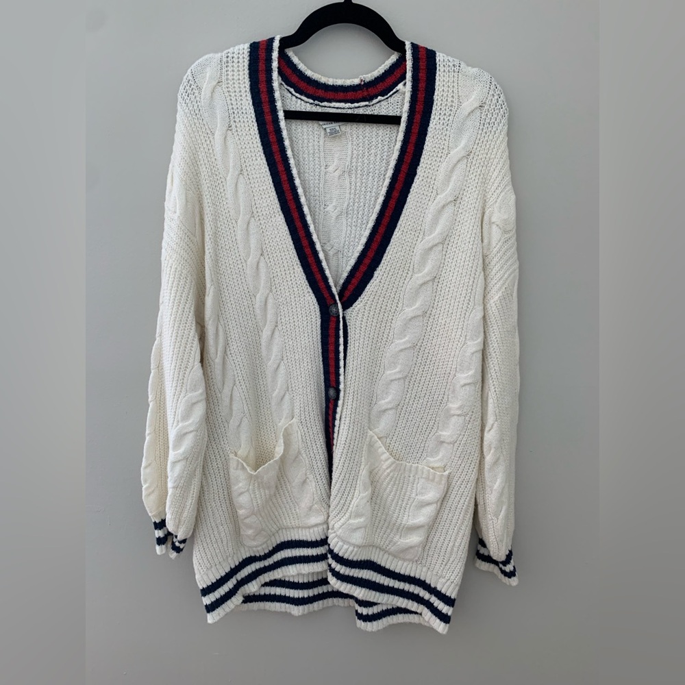 American Eagle Outfitters Cream Cardigan with Navy and Red Trim